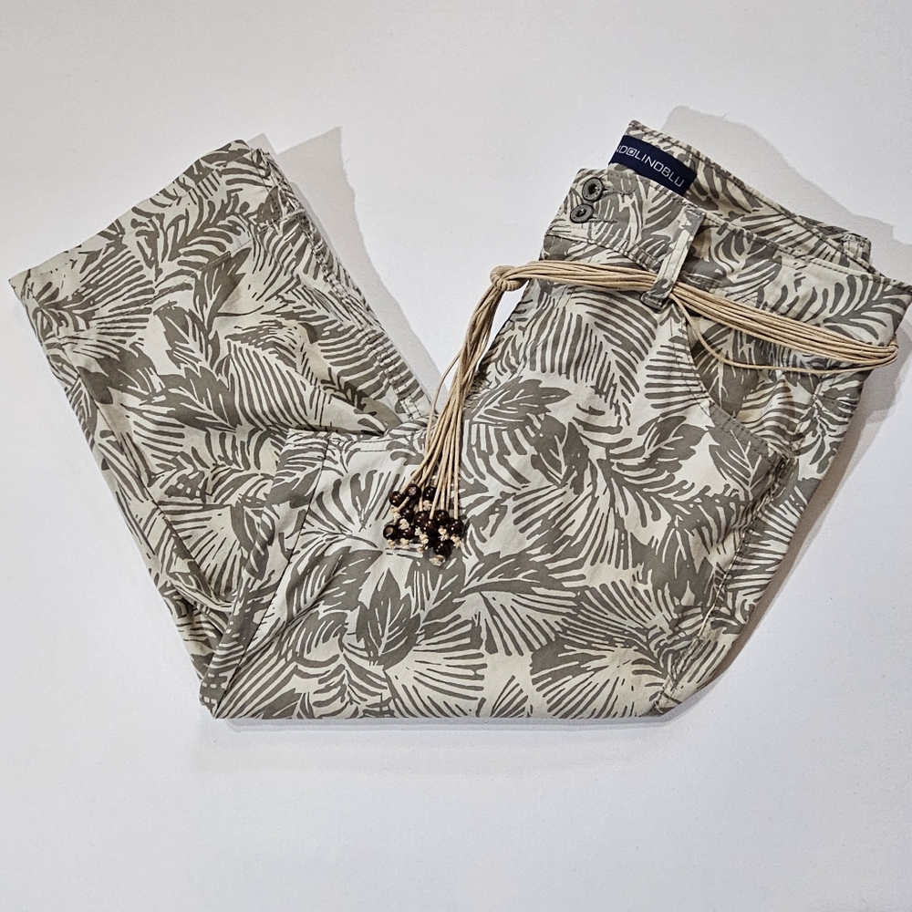 Bandolinoblu High Rise Capri Pants Womens Size 8 Cream Olive Floral Braided Belt